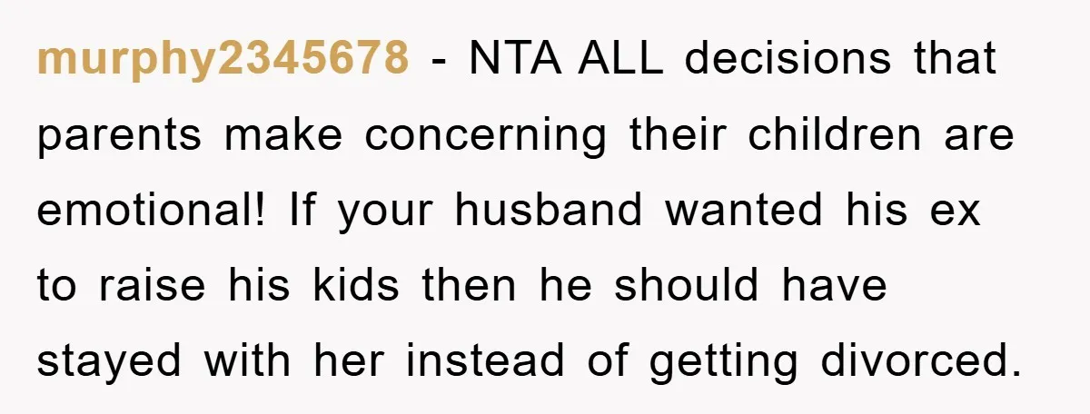 murphy2345678 − NTA ALL decisions that parents make concerning their children are emotional! If your husband wanted his ex to raise his kids then he should have stayed with her...