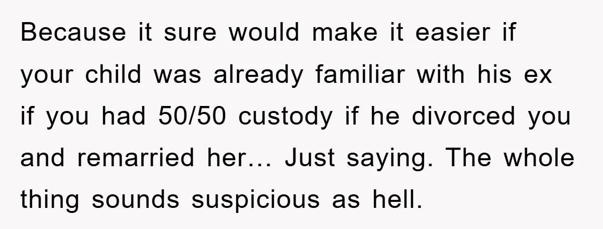 Because it sure would make it easier if your child was already familiar with his ex if you had 50/50 custody if he divorced you and remarried her… Just saying....