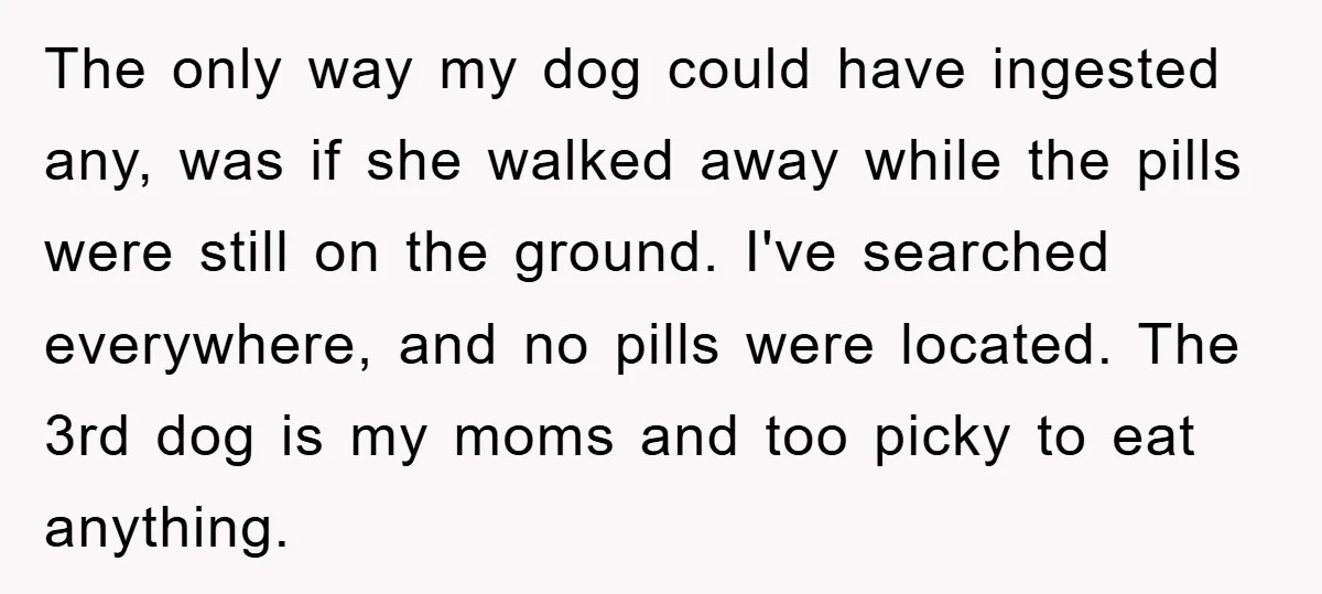 The only way my dog could have ingested any, was if she walked away while the pills were still on the ground. I've searched everywhere, and no pills were located....