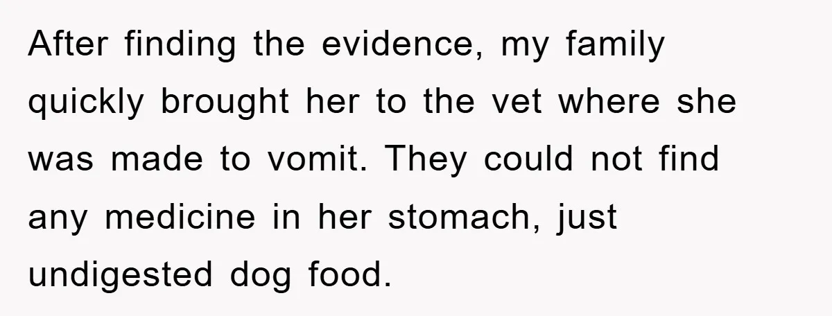 After finding the evidence, my family quickly brought her to the vet where she was made to vomit. They could not find any medicine in her stomach, just undigested dog...