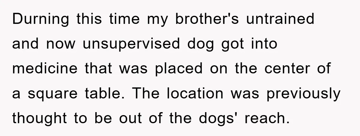 Durning this time my brother's untrained and now unsupervised dog got into medicine that was placed on the center of a square table. The location was previously thought to be...