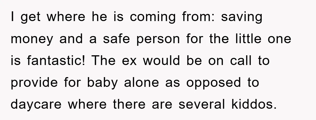 I get where he is coming from: saving money and a safe person for the little one is fantastic! The ex would be on call to provide for baby alone...