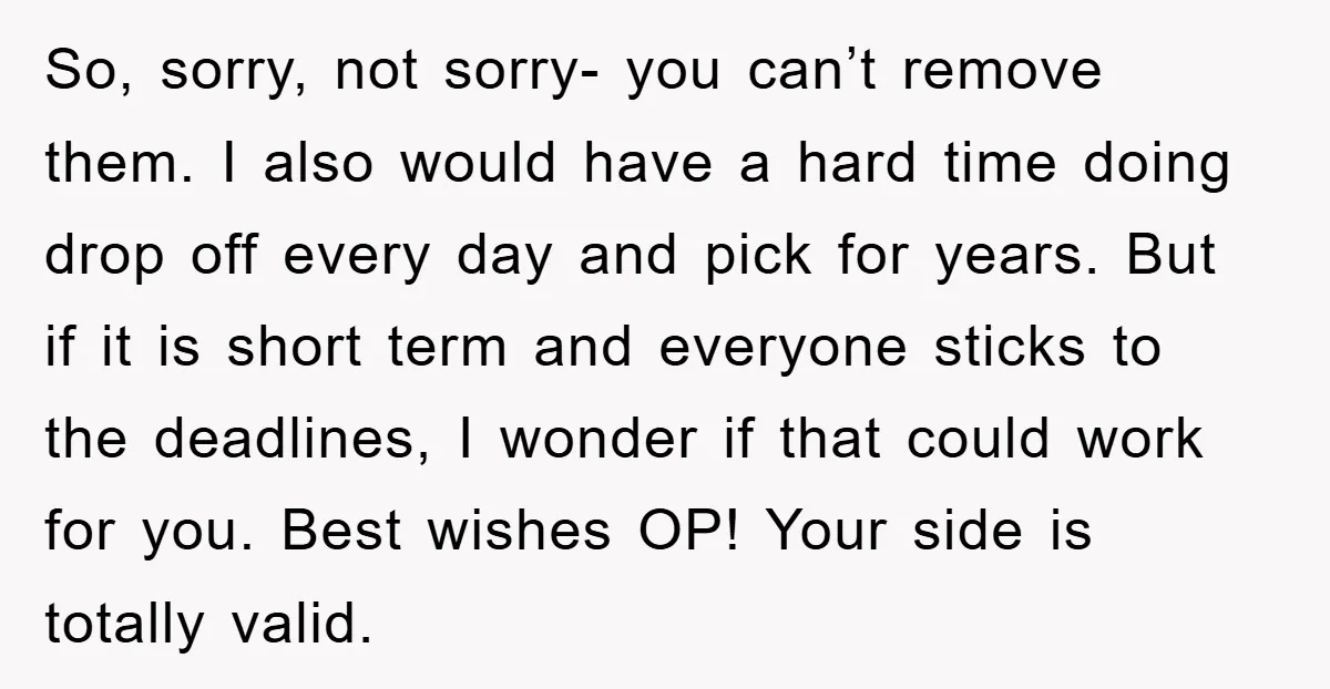 So, sorry, not sorry- you can’t remove them. I also would have a hard time doing drop off every day and pick for years. But if it is short term...