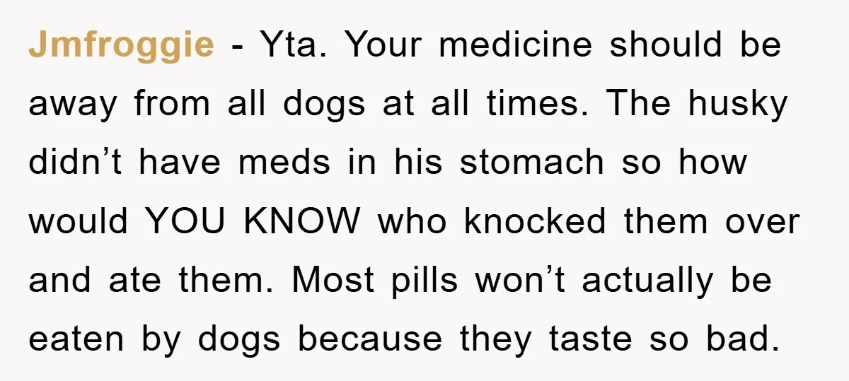 Jmfroggie − Yta. Your medicine should be away from all dogs at all times. The husky didn’t have meds in his stomach so how would YOU KNOW who knocked them...
