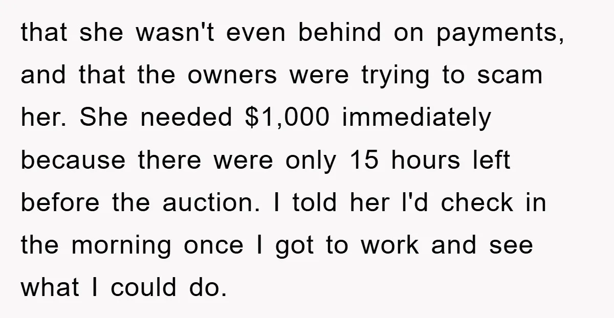 that she wasn't even behind on payments, and that the owners were trying to scam her. She needed $1,000 immediately because there were only 15 hours left before the auction....