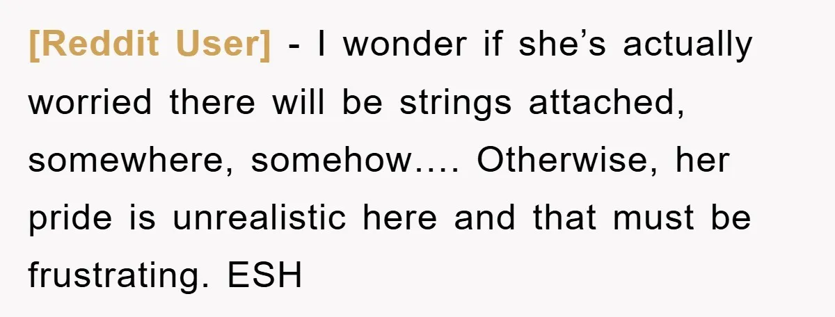 [Reddit User] − I wonder if she’s actually worried there will be strings attached, somewhere, somehow…. Otherwise, her pride is unrealistic here and that must be frustrating. ESH