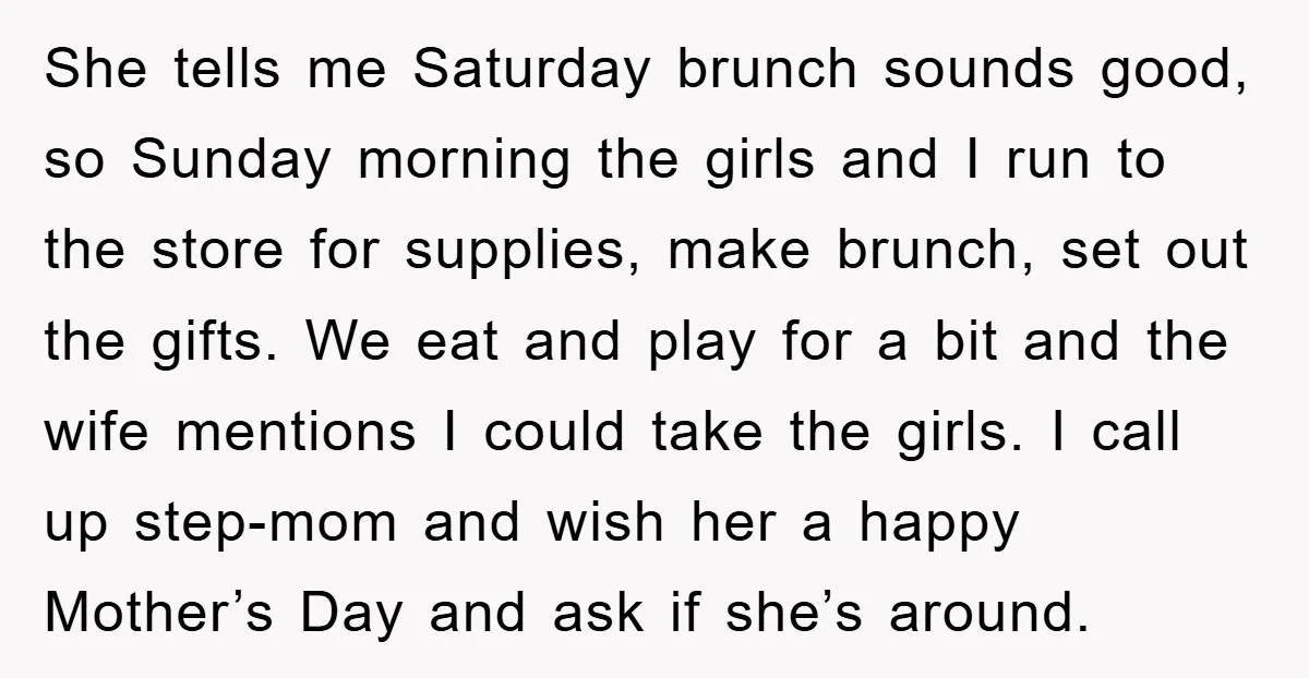 She tells me Saturday brunch sounds good, so Sunday morning the girls and I run to the store for supplies, make brunch, set out the gifts. We eat and play...