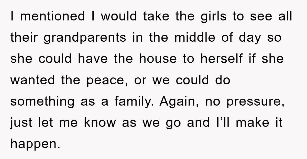 I mentioned I would take the girls to see all their grandparents in the middle of day so she could have the house to herself if she wanted the peace,...
