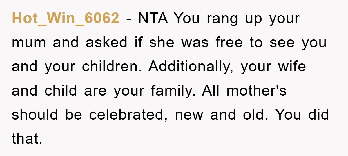 Hot_Win_6062 − NTA You rang up your mum and asked if she was free to see you and your children. Additionally, your wife and child are your family. All mother's...