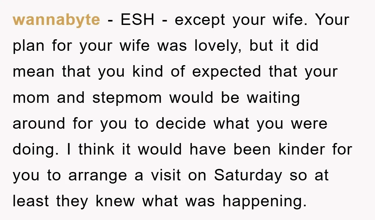 wannabyte − ESH - except your wife. Your plan for your wife was lovely, but it did mean that you kind of expected that your mom and stepmom would be...
