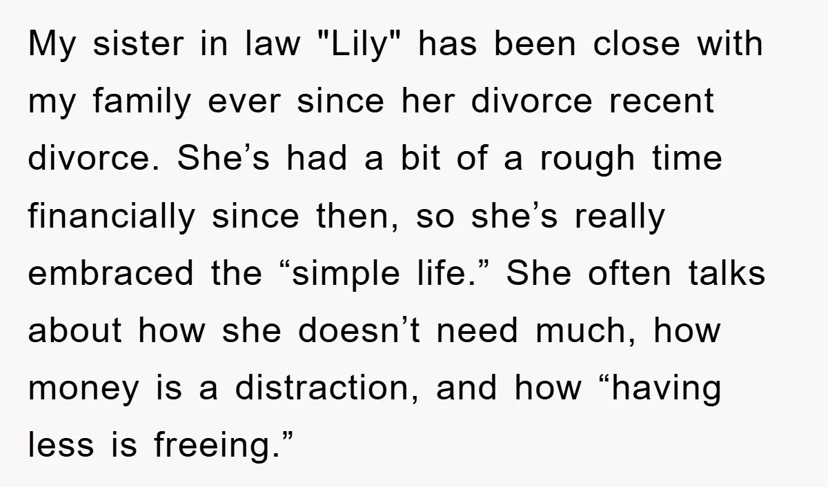 My sister in law "Lily" has been close with my family ever since her divorce recent divorce. She’s had a bit of a rough time financially since then, so she’s...