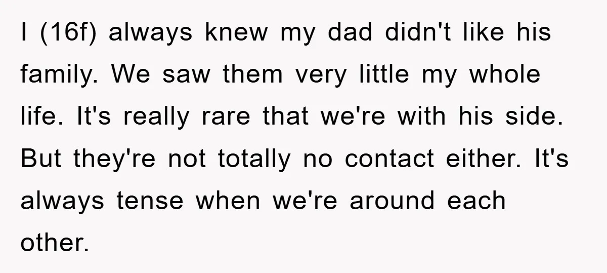 I (16f) always knew my dad didn't like his family. We saw them very little my whole life. It's really rare that we're with his side. But they're not totally...