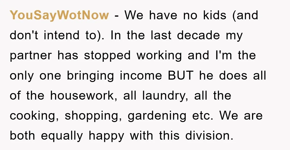 YouSayWotNow − We have no kids (and don't intend to). In the last decade my partner has stopped working and I'm the only one bringing income BUT he does all...