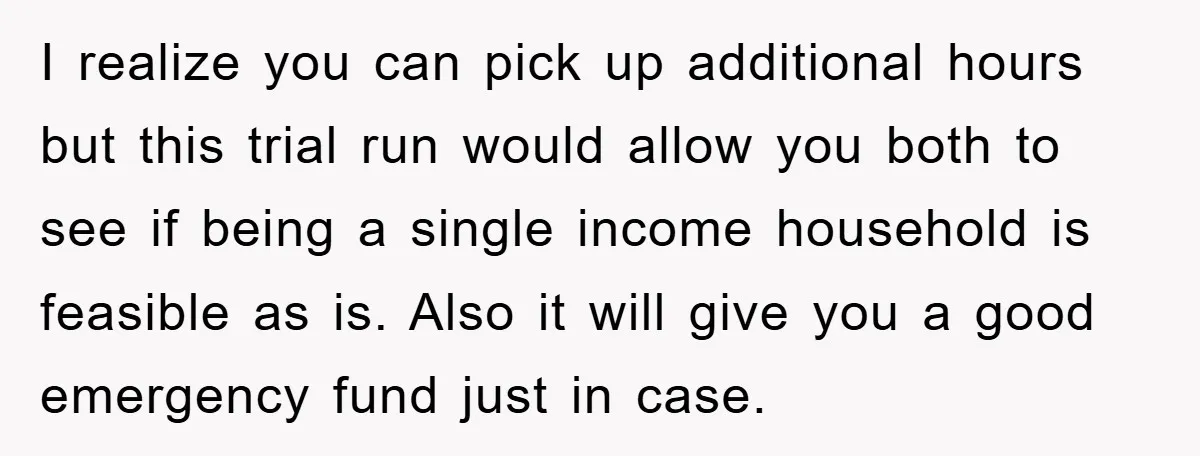 I realize you can pick up additional hours but this trial run would allow you both to see if being a single income household is feasible as is. Also it...