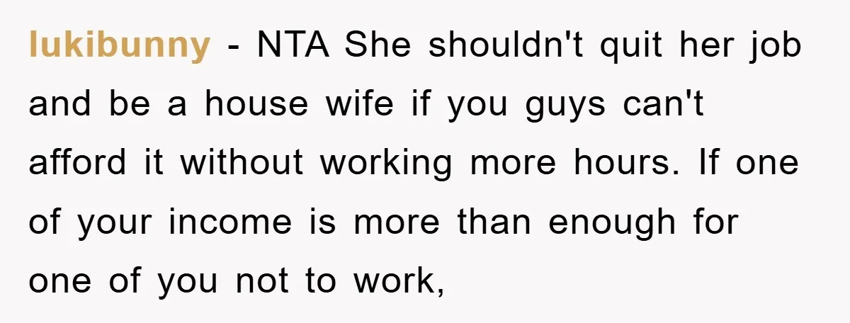 lukibunny − NTA She shouldn't quit her job and be a house wife if you guys can't afford it without working more hours. If one of your income is more...
