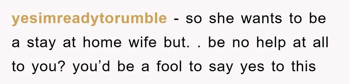 yesimreadytorumble − so she wants to be a stay at home wife but. . be no help at all to you? you’d be a fool to say yes to this