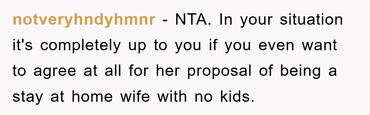 notveryhndyhmnr − NTA. In your situation it's completely up to you if you even want to agree at all for her proposal of being a stay at home wife with...