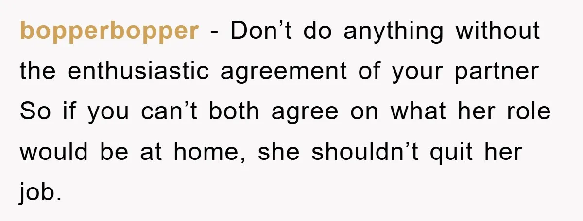 bopperbopper − Don’t do anything without the enthusiastic agreement of your partner So if you can’t both agree on what her role would be at home, she shouldn’t quit her...