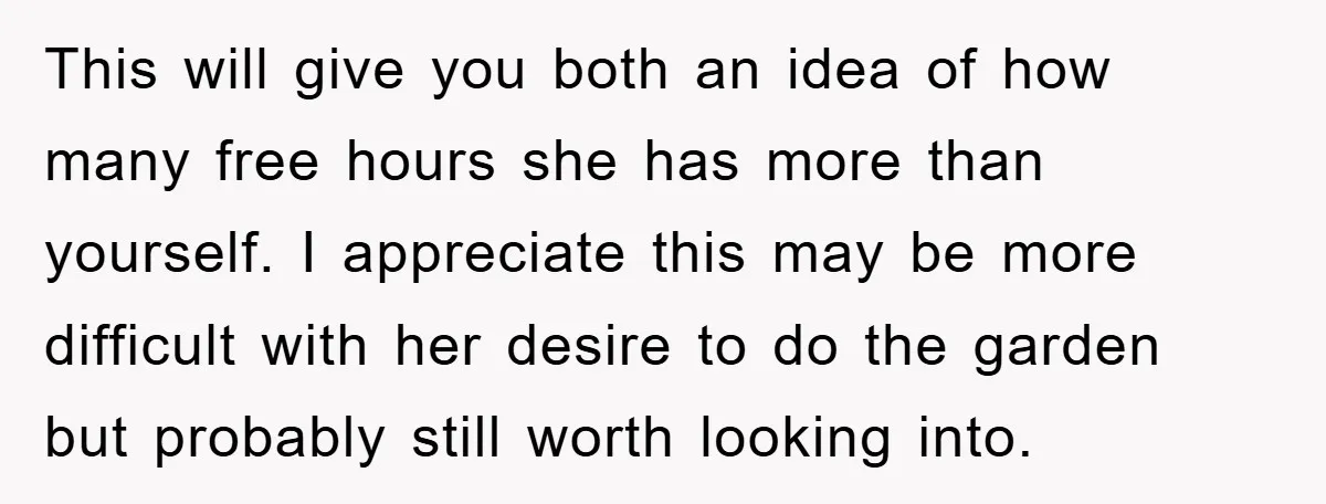 This will give you both an idea of how many free hours she has more than yourself. I appreciate this may be more difficult with her desire to do the...