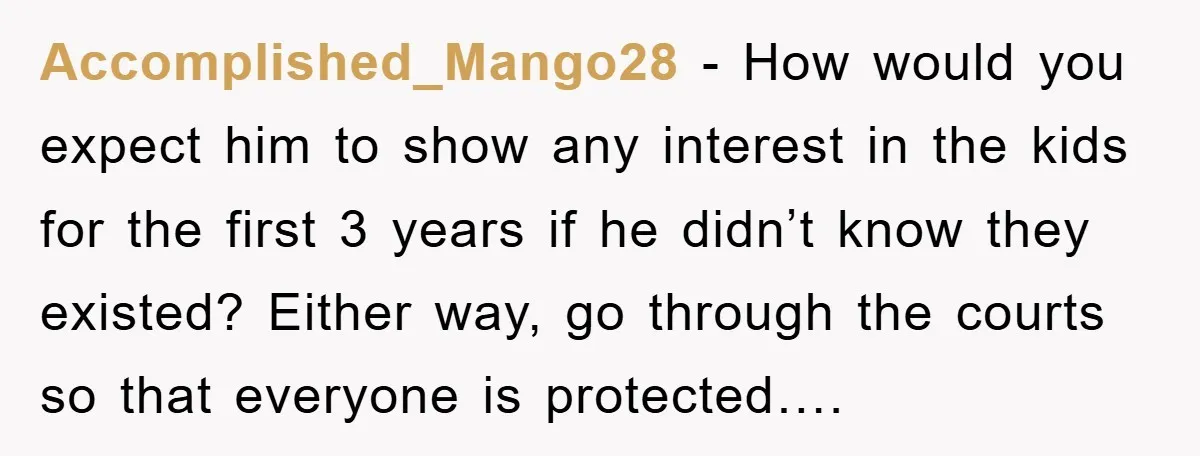 Accomplished_Mango28 − How would you expect him to show any interest in the kids for the first 3 years if he didn’t know they existed? Either way, go through the...