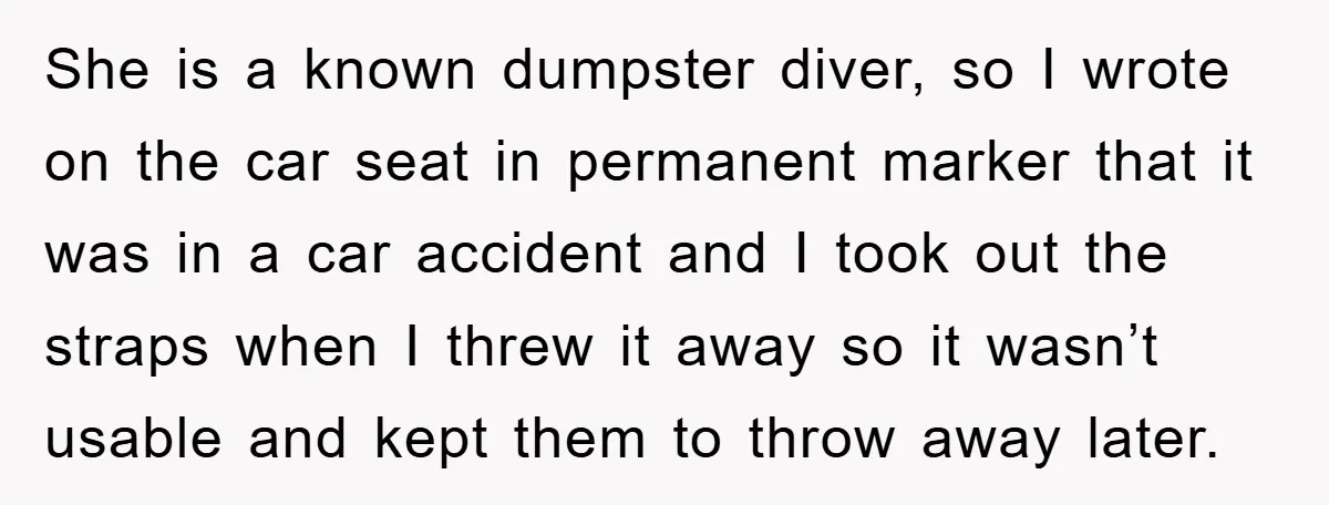 She is a known dumpster diver, so I wrote on the car seat in permanent marker that it was in a car accident and I took out the straps when...