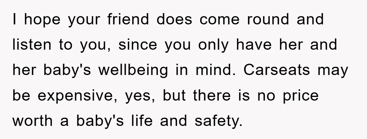 I hope your friend does come round and listen to you, since you only have her and her baby's wellbeing in mind. Carseats may be expensive, yes, but there is...
