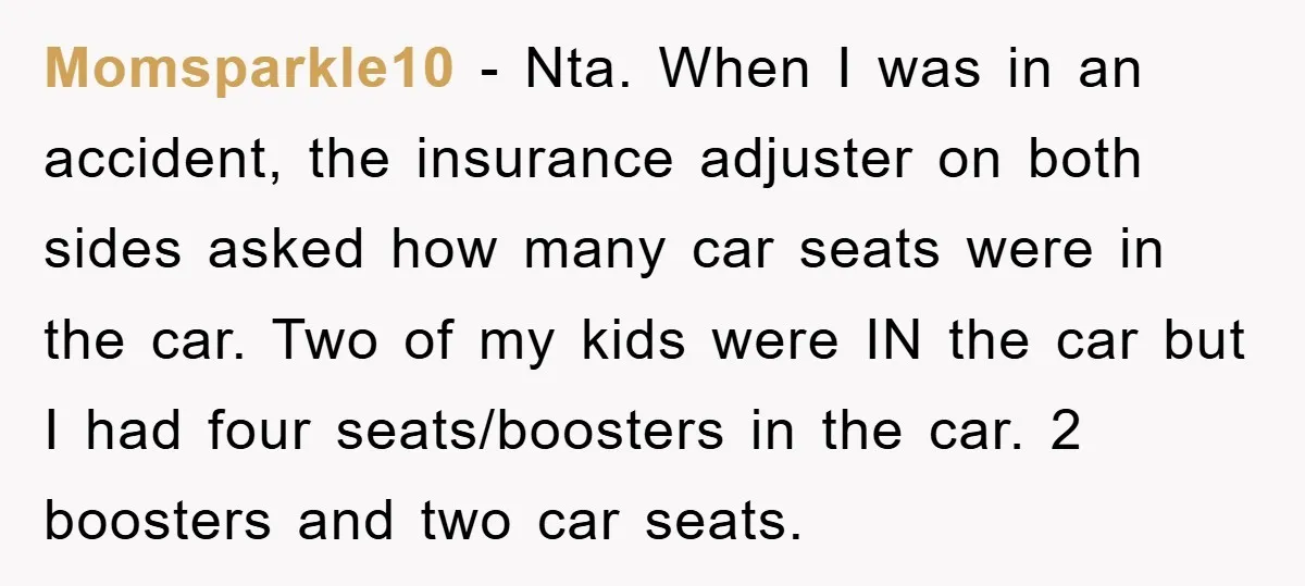 Momsparkle10 − Nta. When I was in an accident, the insurance adjuster on both sides asked how many car seats were in the car. Two of my kids were IN...