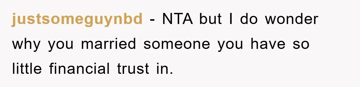 justsomeguynbd − NTA but I do wonder why you married someone you have so little financial trust in.