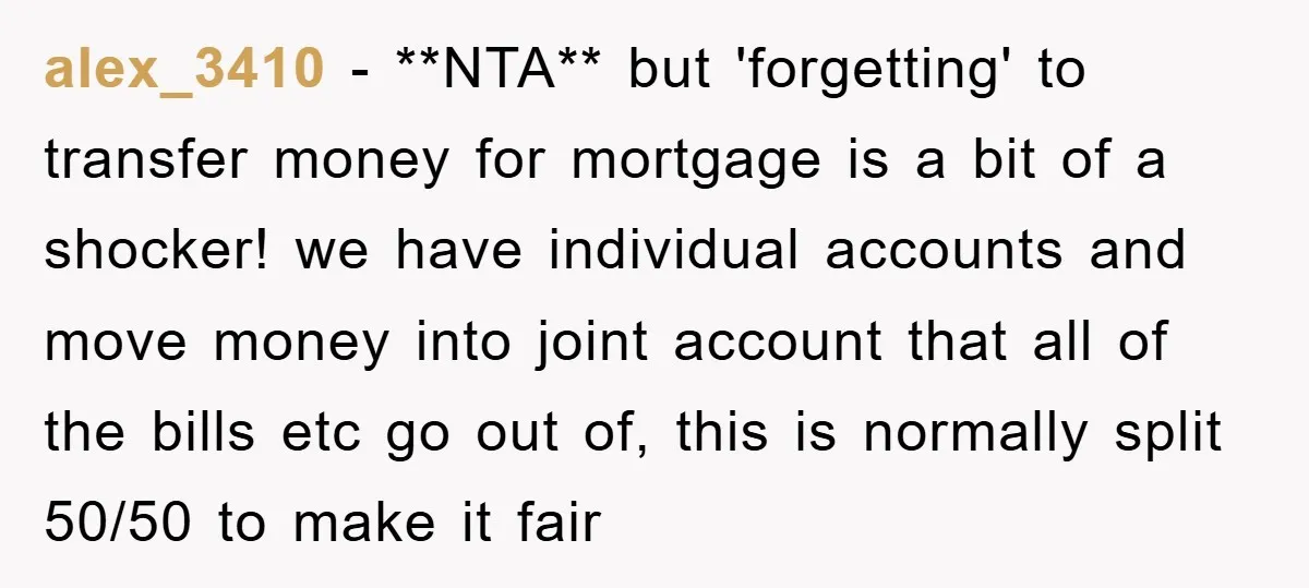 alex_3410 − **NTA** but 'forgetting' to transfer money for mortgage is a bit of a shocker! we have individual accounts and move money into joint account that all of the...