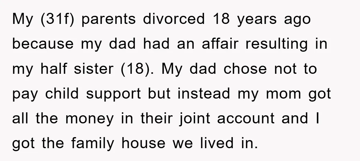 My (31f) parents divorced 18 years ago because my dad had an affair resulting in my half sister (18). My dad chose not to pay child support but instead my...