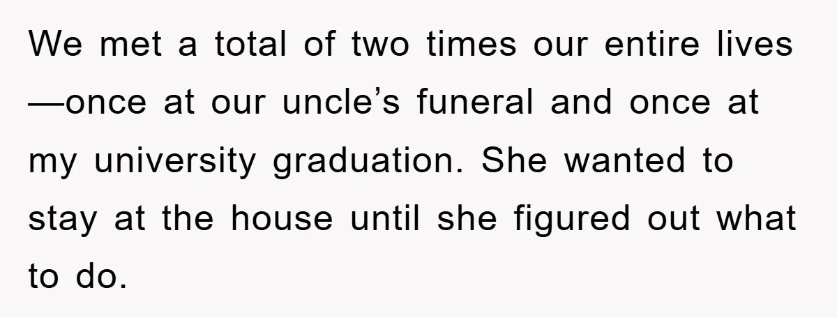 We met a total of two times our entire lives—once at our uncle’s funeral and once at my university graduation. She wanted to stay at the house until she figured...