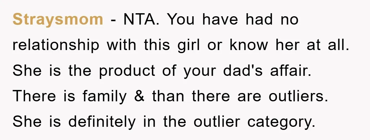 Straysmom − NTA. You have had no relationship with this girl or know her at all. She is the product of your dad's affair. There is family & than there...