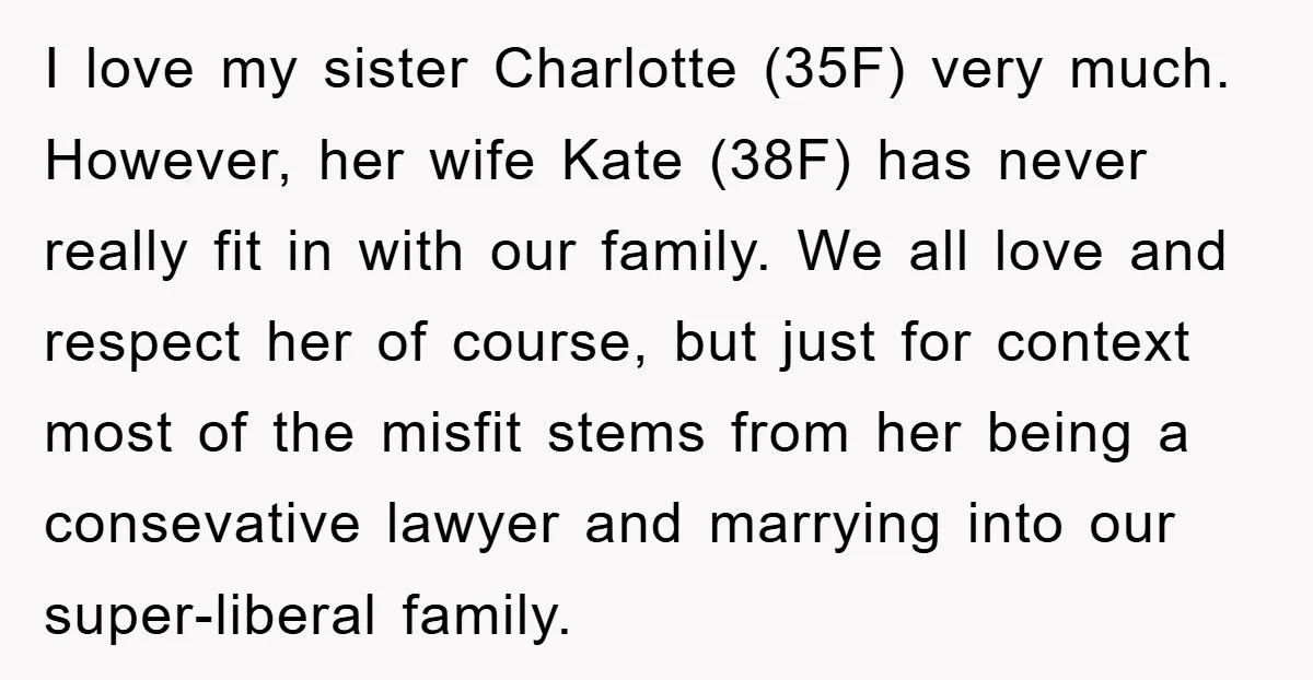 I love my sister Charlotte (35F) very much. However, her wife Kate (38F) has never really fit in with our family. We all love and respect her of course, but...