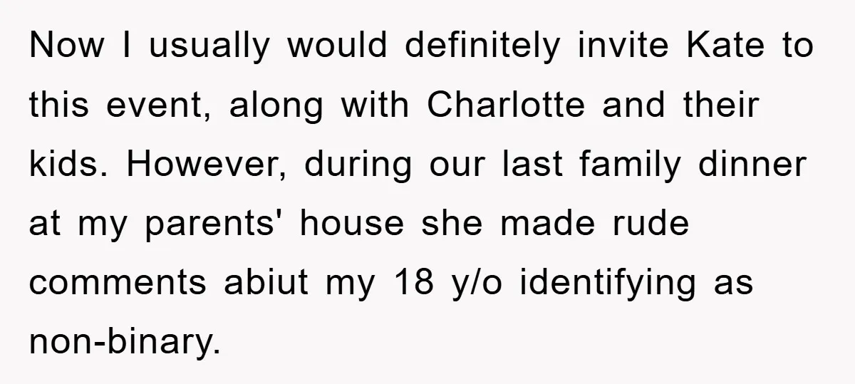 Now I usually would definitely invite Kate to this event, along with Charlotte and their kids. However, during our last family dinner at my parents' house she made rude comments...