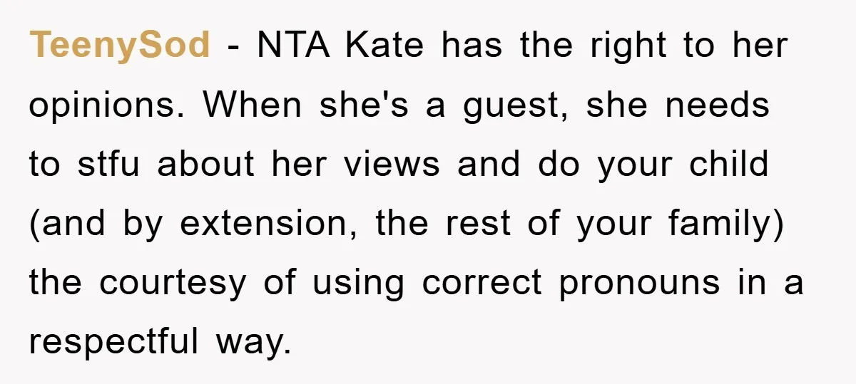 TeenySod − NTA Kate has the right to her opinions. When she's a guest, she needs to stfu about her views and do your child (and by extension, the rest...