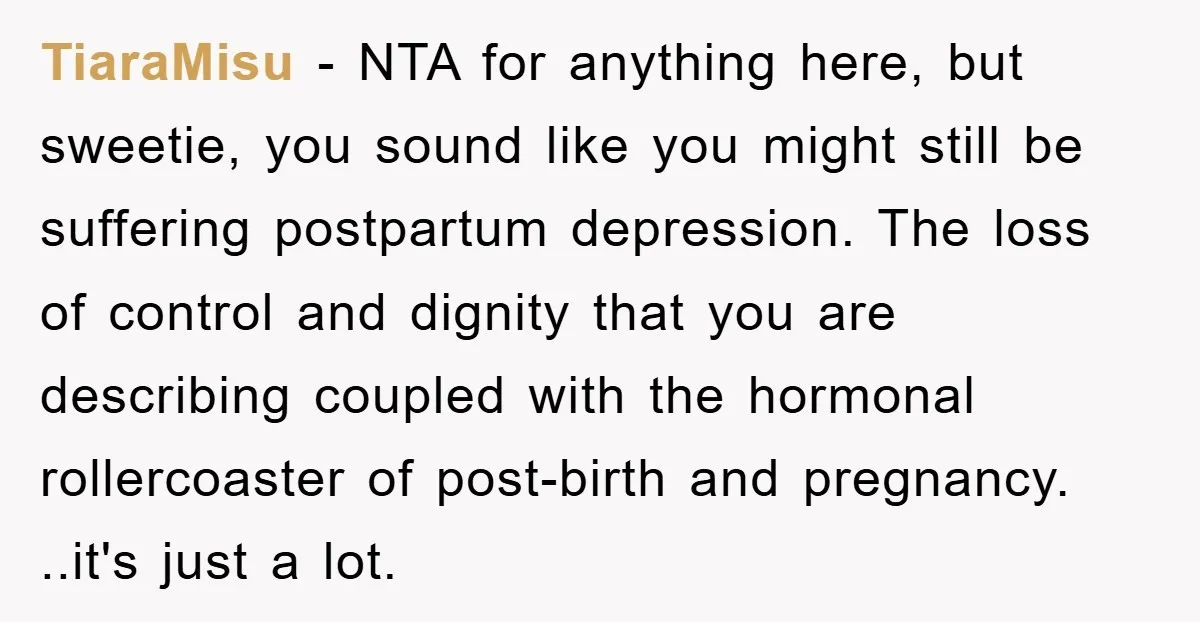 TiaraMisu - NTA for anything here, but sweetie, you sound like you might still be suffering postpartum depression. The loss of control and dignity that you are describing coupled with...