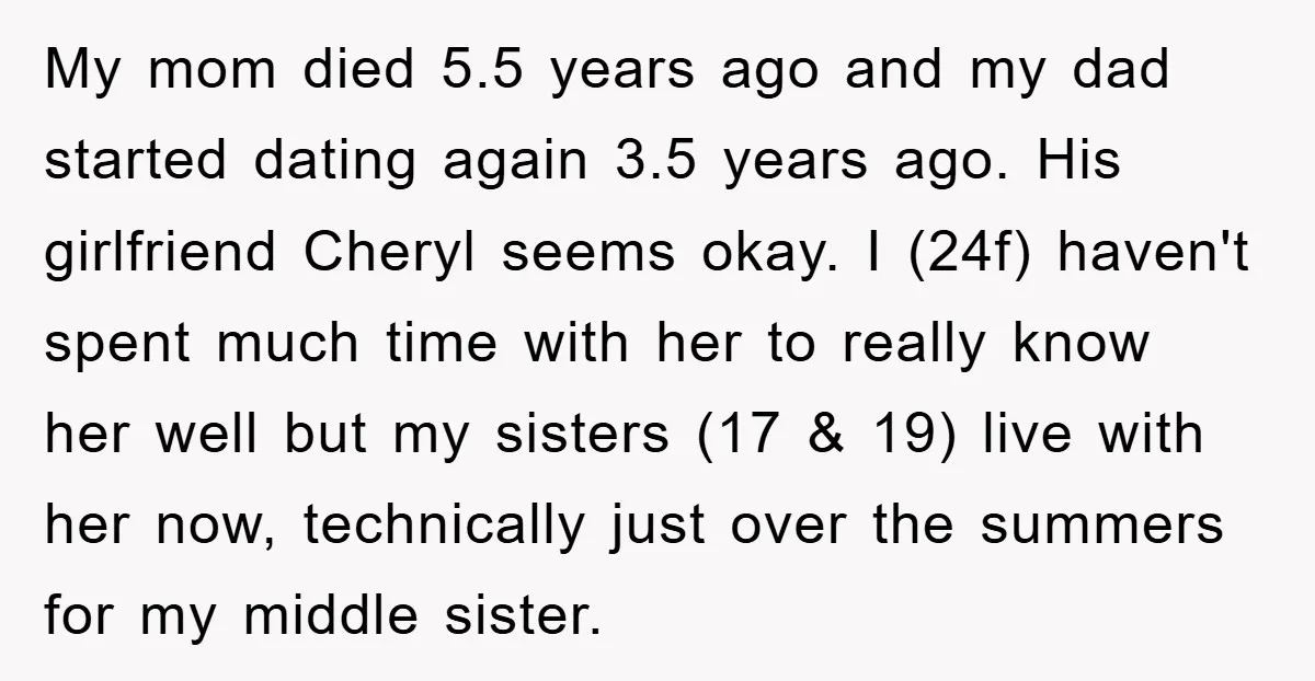My mom died 5.5 years ago and my dad started dating again 3.5 years ago. His girlfriend Cheryl seems okay. I (24f) haven't spent much time with her to really...