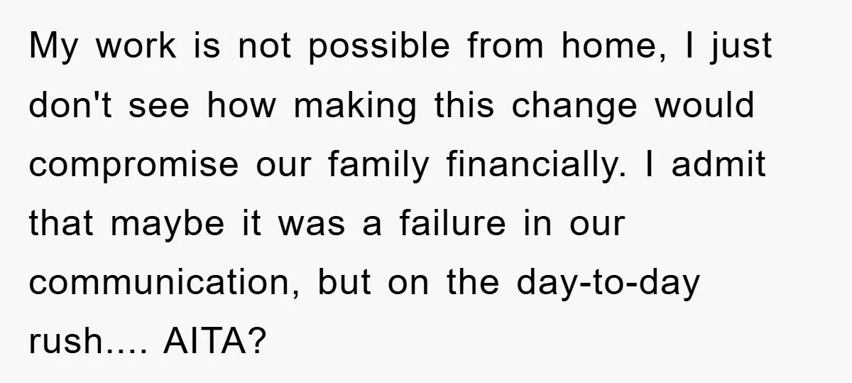 My work is not possible from home, I just don't see how making this change would compromise our family financially. I admit that maybe it was a failure in our...
