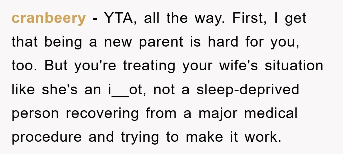 cranbeery − YTA, all the way. First, I get that being a new parent is hard for you, too. But you're treating your wife's situation like she's an i__ot, not...