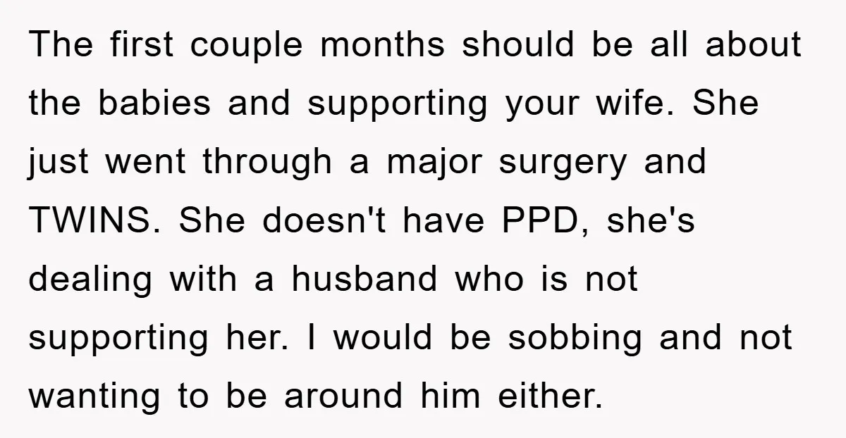 The first couple months should be all about the babies and supporting your wife. She just went through a major surgery and TWINS. She doesn't have PPD, she's dealing with...