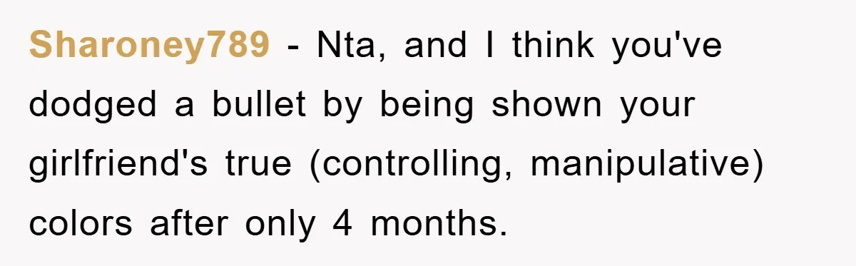 Sharoney789 − Nta, and I think you've dodged a bullet by being shown your girlfriend's true (controlling, manipulative) colors after only 4 months.