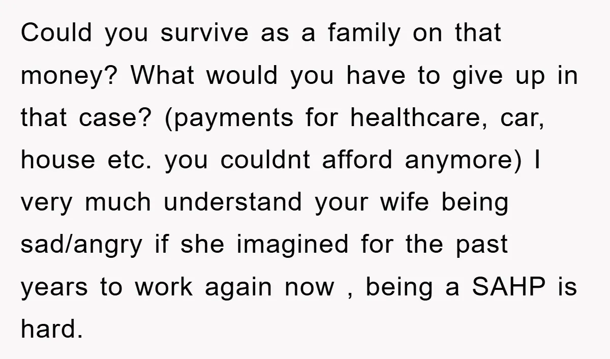 Could you survive as a family on that money? What would you have to give up in that case? (payments for healthcare, car, house etc. you couldnt afford anymore) I...