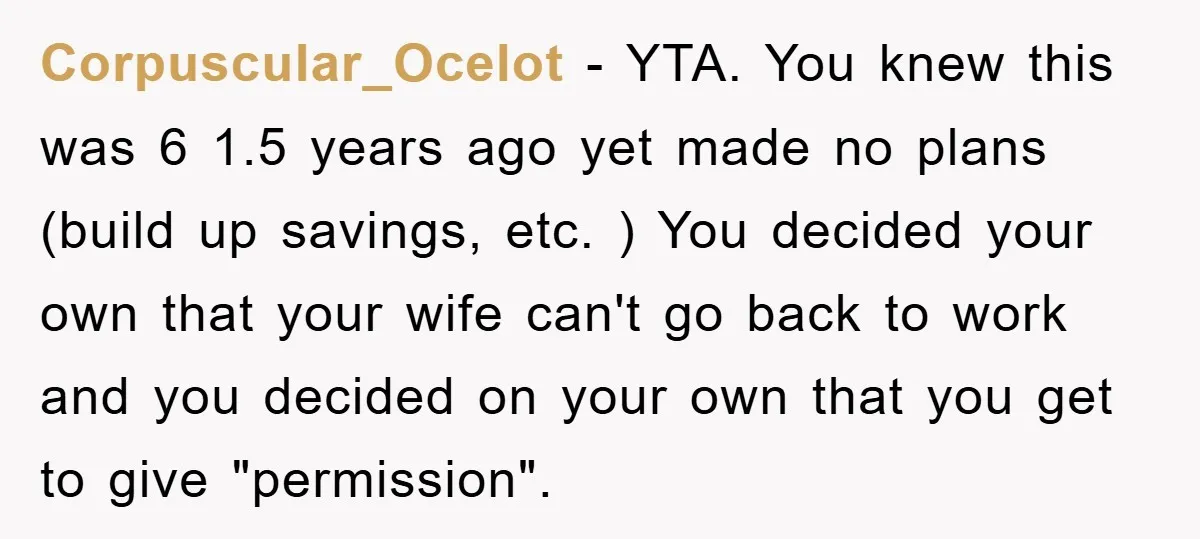 Corpuscular_Ocelot − YTA. You knew this was 6 1.5 years ago yet made no plans (build up savings, etc. ) You decided your own that your wife can't go back...