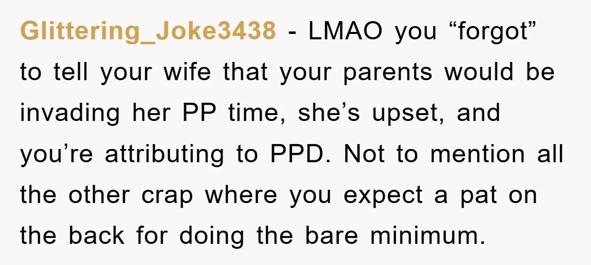 Glittering_Joke3438 − LMAO you “forgot” to tell your wife that your parents would be invading her PP time, she’s upset, and you’re attributing to PPD. Not to mention all the...