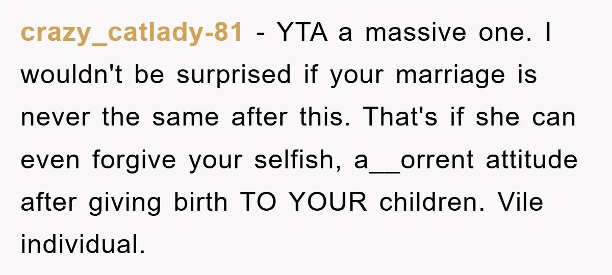 crazy_catlady-81 − YTA a massive one. I wouldn't be surprised if your marriage is never the same after this. That's if she can even forgive your selfish, a__orrent attitude after...