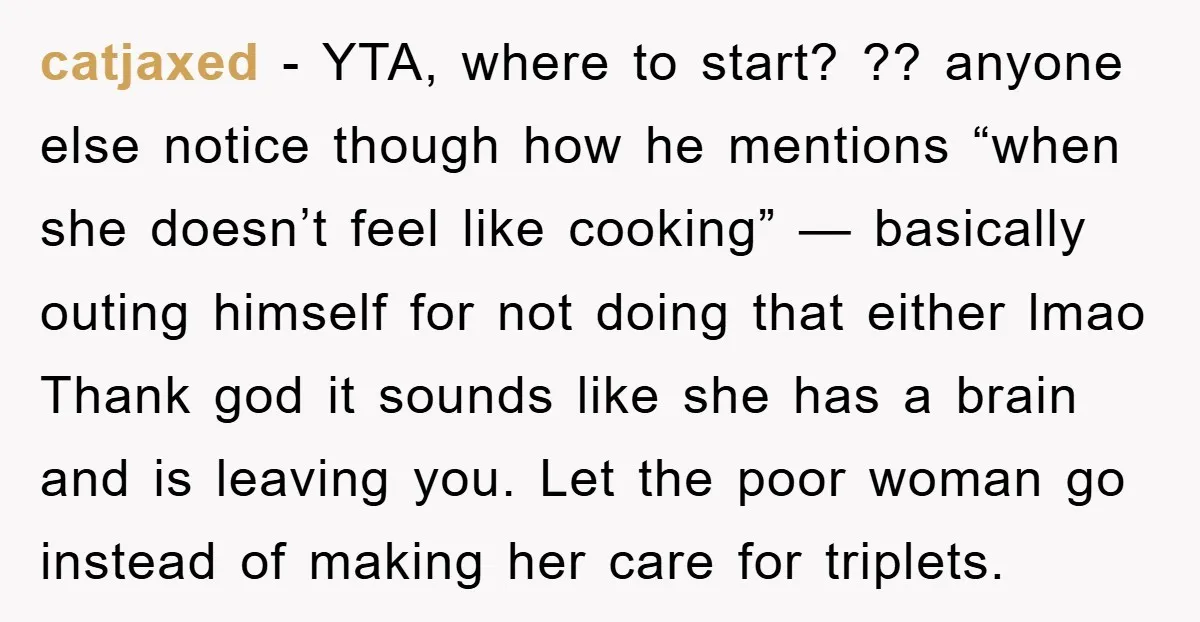 catjaxed − YTA, where to start? ?? anyone else notice though how he mentions “when she doesn’t feel like cooking” — basically outing himself for not doing that either lmao...