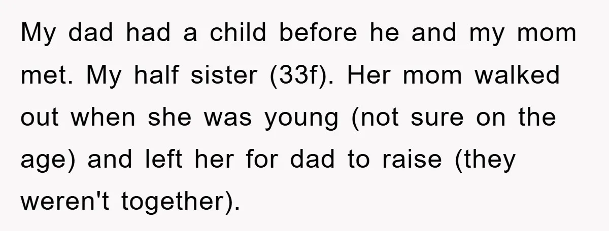 My dad had a child before he and my mom met. My half sister (33f). Her mom walked out when she was young (not sure on the age) and left...