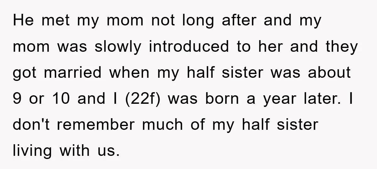 He met my mom not long after and my mom was slowly introduced to her and they got married when my half sister was about 9 or 10 and I...