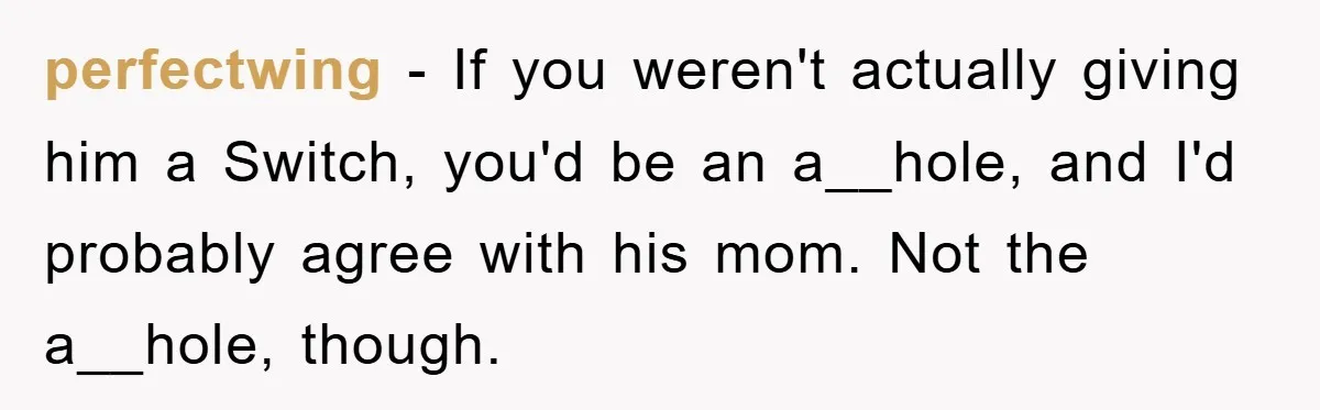 perfectwing − If you weren't actually giving him a Switch, you'd be an a__hole, and I'd probably agree with his mom. Not the a__hole, though.