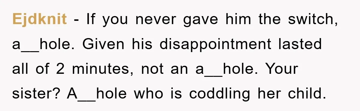 Ejdknit − If you never gave him the switch, a__hole. Given his disappointment lasted all of 2 minutes, not an a__hole. Your sister? A__hole who is coddling her child.